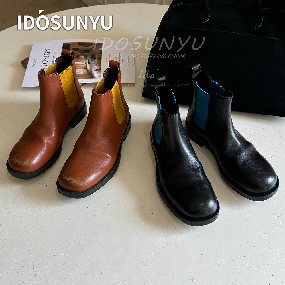 IDO欧货秋冬新款拉丝擦色牛皮3.5CM复古女款圆头低跟松紧百搭短靴
