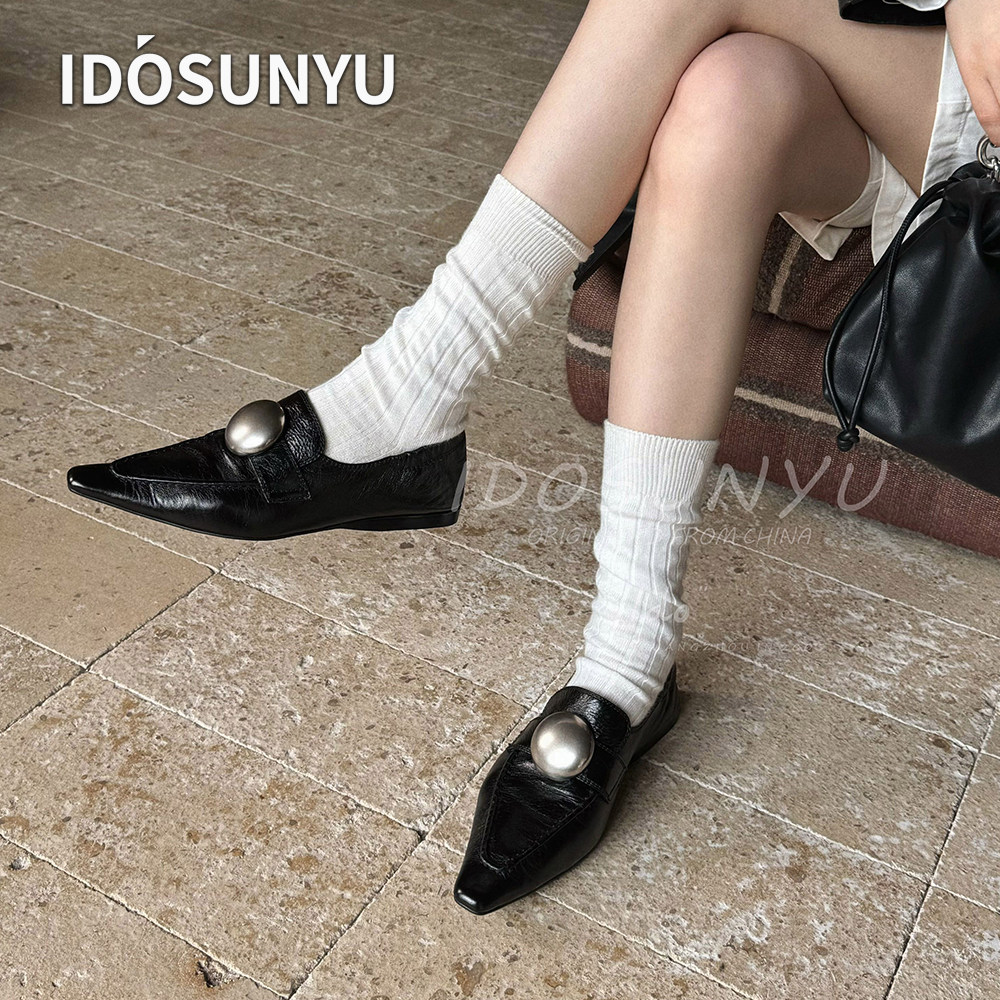 IDOSUNYU欧货法式复古风小众设计师牛皮尖头金属扣平底真皮乐福鞋