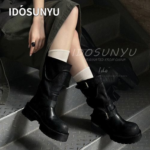 IDOSUNYU2026秋冬新款真皮厚底粗跟朋克机车靴复古百搭高靴骑士靴