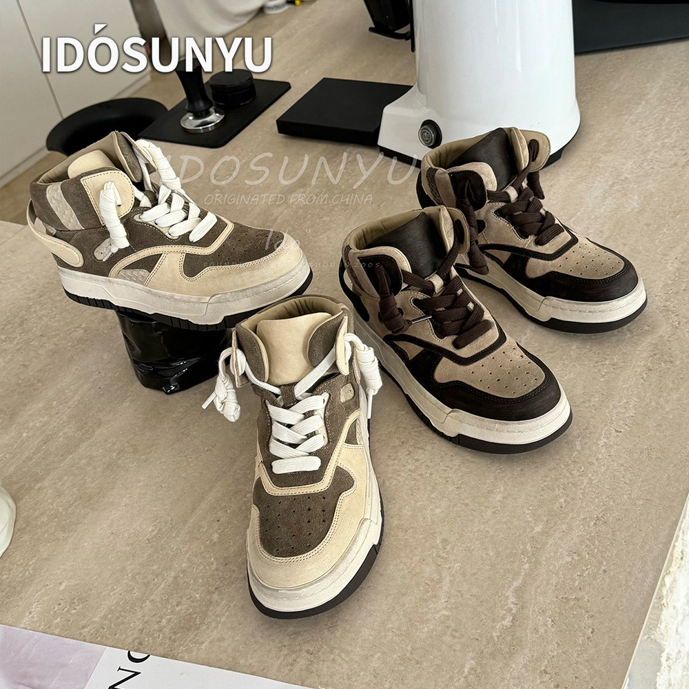 IDO欧货小众设计师早秋真皮拼色高帮板鞋厚底4CM增高舒适女休闲鞋