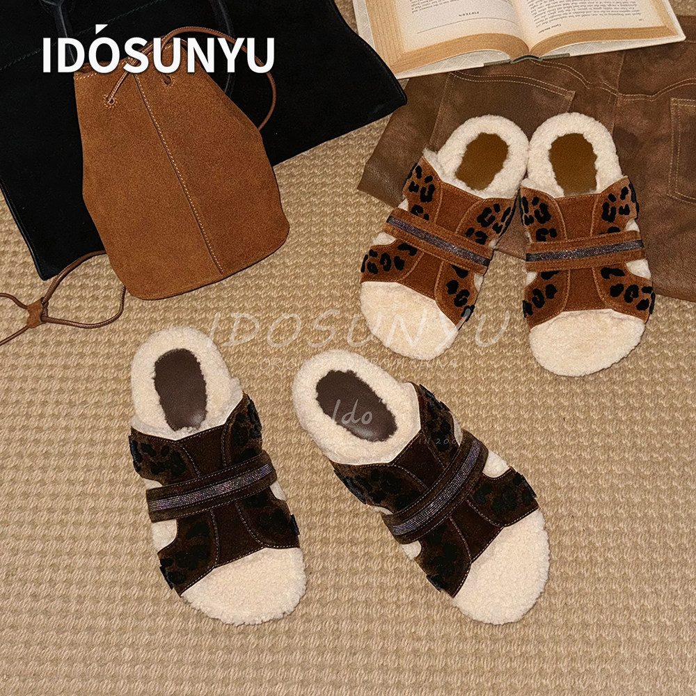 IDOSUNYU欧货进口豹纹丝绒早秋法式平底勃肯拖鞋女款外穿真皮单鞋