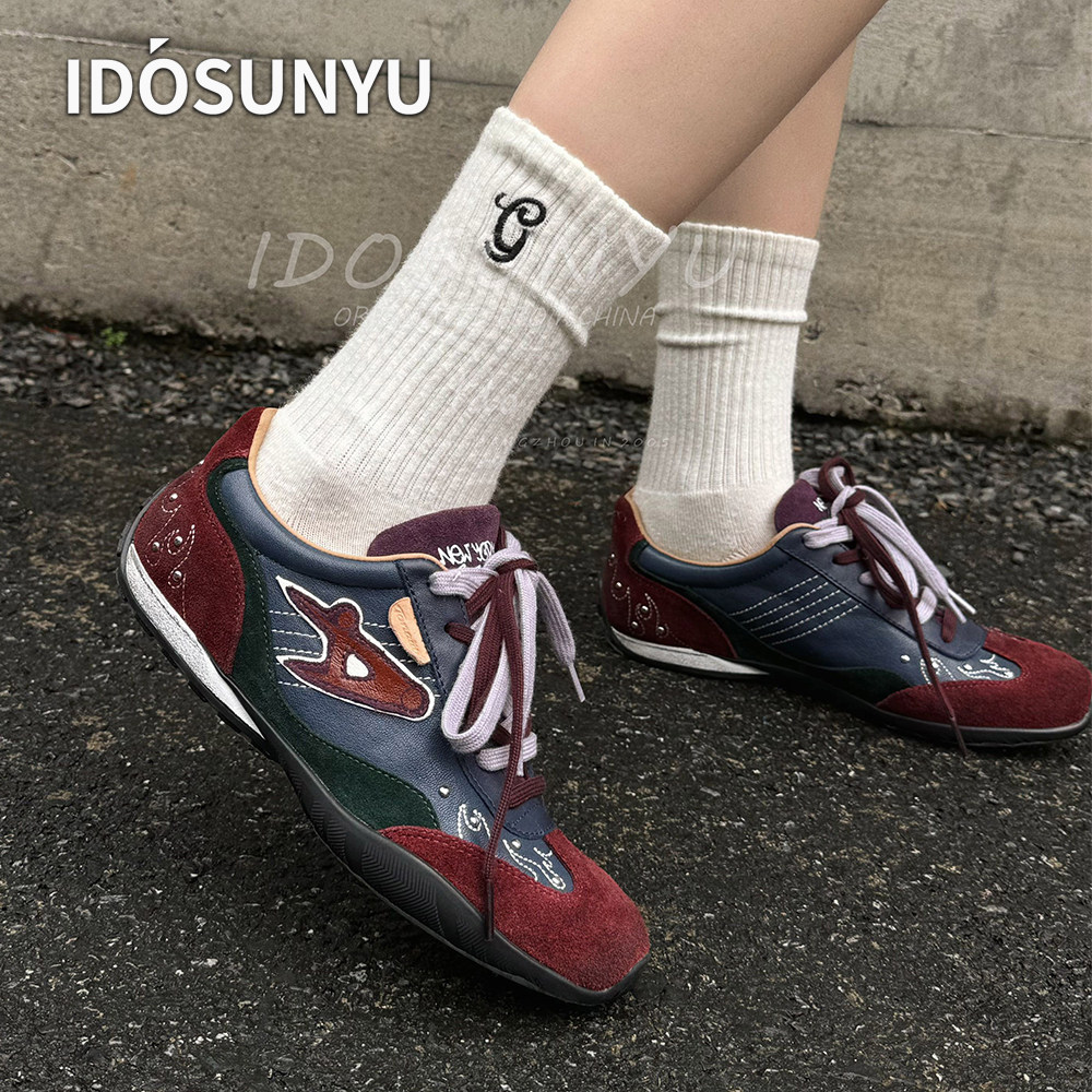 IDOSUNYU欧货复古小众设计师羊猄皮拼色羊皮德训系带百搭休闲女鞋