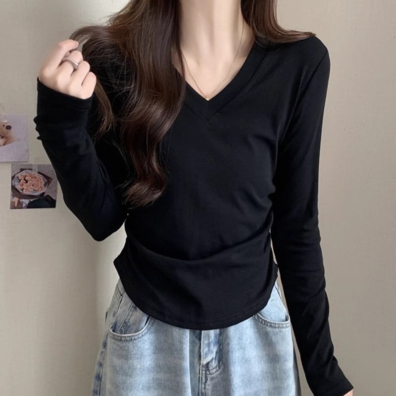 韩版百搭简约短款V领长袖打底衫T恤女春秋季褶皱修身别致小众上衣
