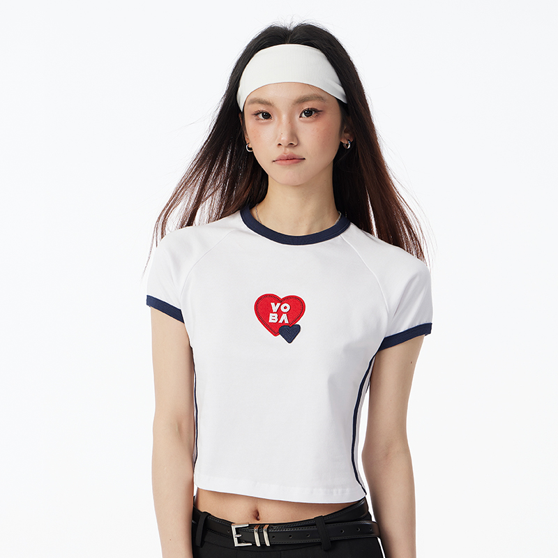 【品牌补贴】VOBA forever love 女士手工桃心 纯棉修身短款T恤