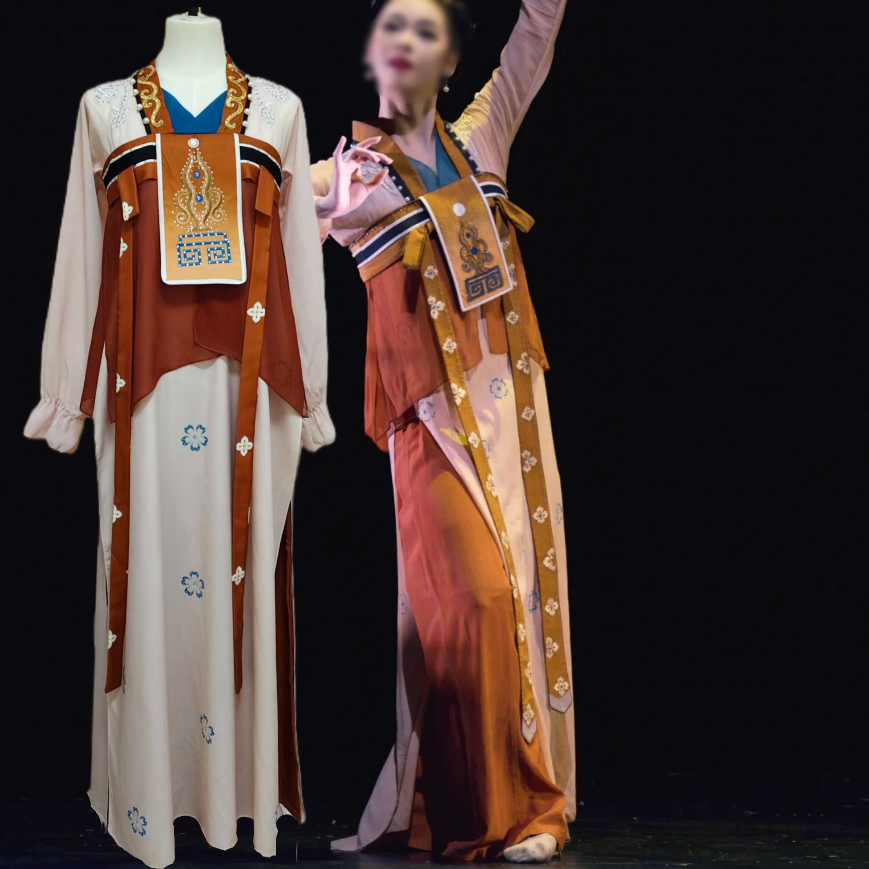 古典舞演出服女子独舞《飞鸟髻》专业定制民族风印花长裙雪纺舞服