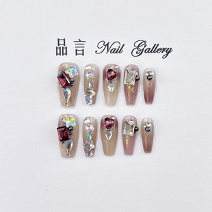 重工美甲成品套装 手工穿戴甲 浅紫豪配版 闪烁丝绸 酒心巧克力