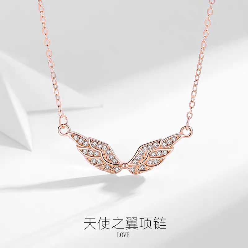 S925纯银天使之翼项链女轻奢小众设计感锁骨链微镶锆石吊坠高级感