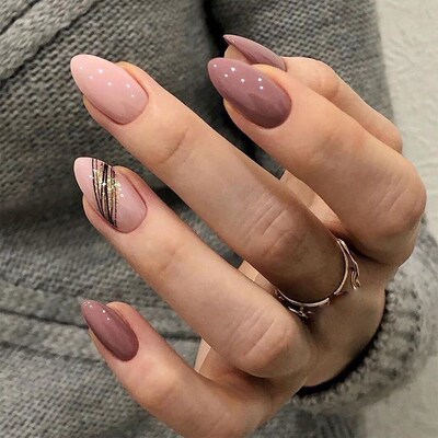 24pcs false press on nails pink color oval head Mid length