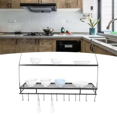 2-Layer Wall Mounted Shelf with Hooks Kitchen Racks Holder O