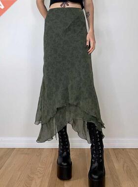 Fairycore Grunge Green Irregul Midi Skirts 2000s Retro Ele