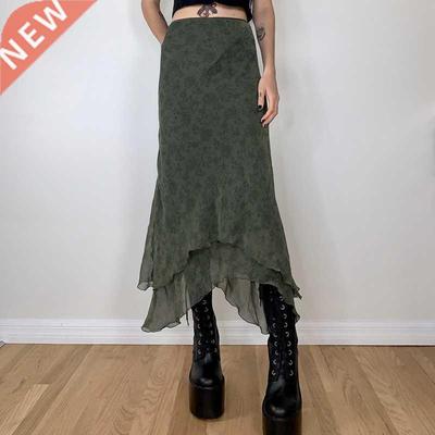 Fairycore Grunge Green Irregul Midi Skirts 2000s Retro Ele