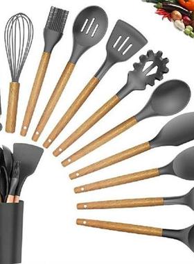 Dark Gray Silicone Cooking Utensil Set Wooden Handle