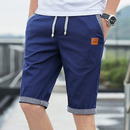 Men Casual Summer Plaid Patchwork Pockets Buttons Fifth Pant