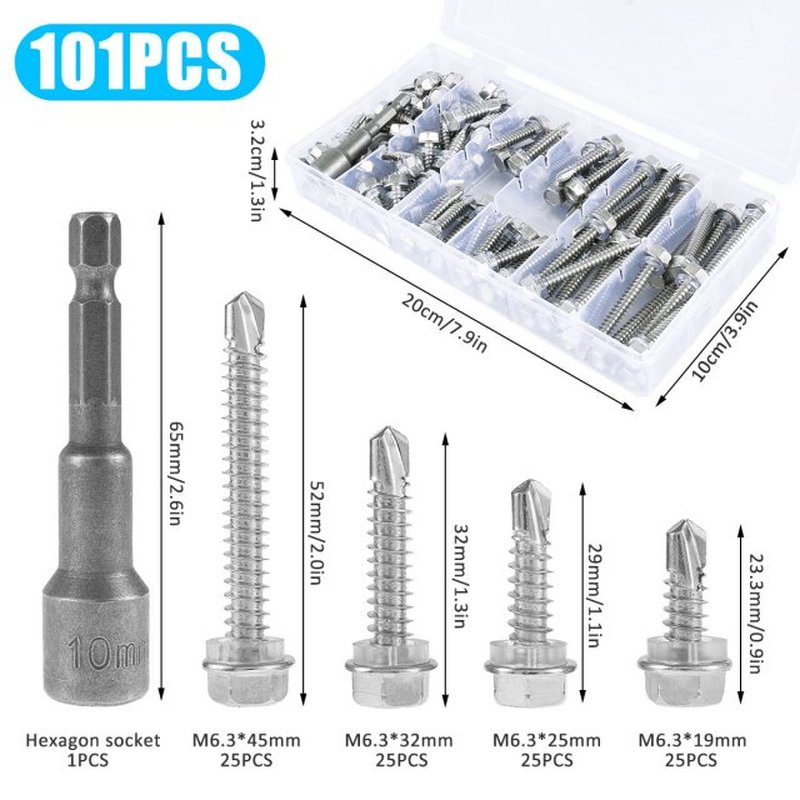 101Pcs M6.3 19/25/32/45mm Screws Ecternal Hex Head Self Tapp