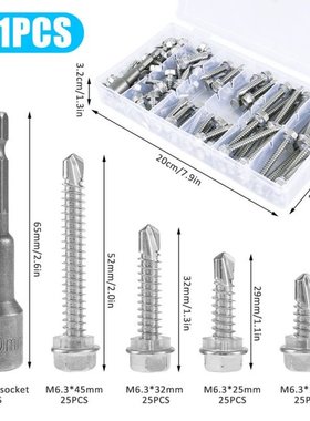 101Pcs M6.3 19/25/32/45mm Screws Ecternal Hex Head Self Tapp