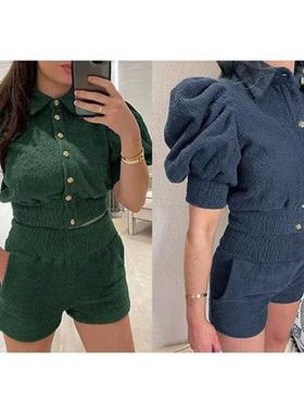 AGong Turn Down Collar Suits Women Fashion Elastic Waist Sho