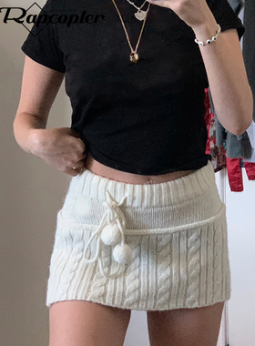 Rapcopter y2k Knitted Mini Skirts Lace Up Fur Cute Sweet Pen