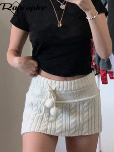 Rapcopter y2k Knitted Mini Skirts Lace Up Fur Cute Sweet Pen