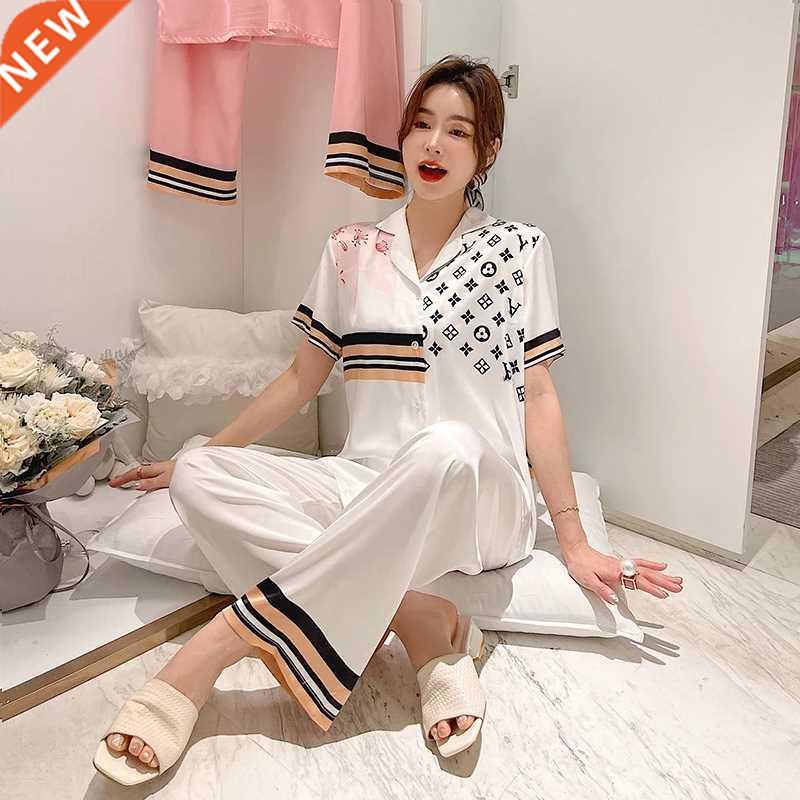 2021 new ice silk pajamas women summer short-sleeved trouser