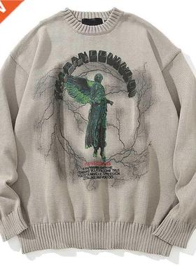 Men Hip Hop Knitted Jumper Sweaters Angel Lightning Printed