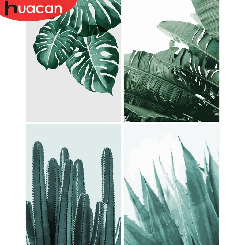 HUACAN Oil Painting By Numbers Leaf Plant Kits Drawing Canva