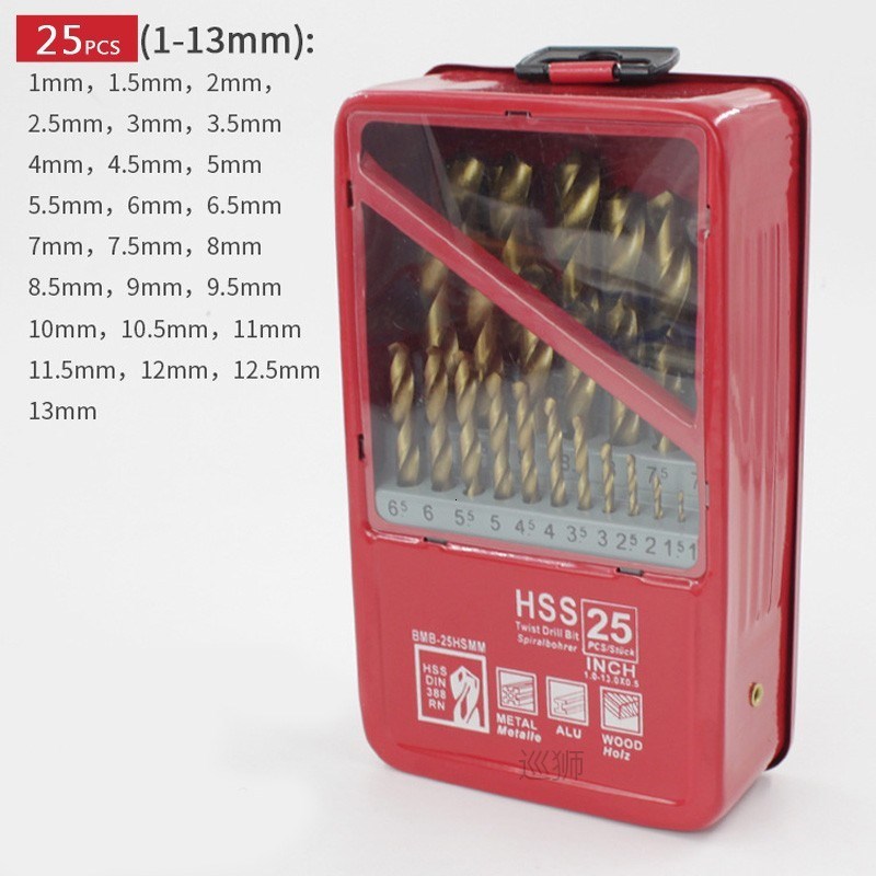 FGHGF 13/19/25pcs 1~13mm Ti Coated HSS Drill Bit Set Metal F