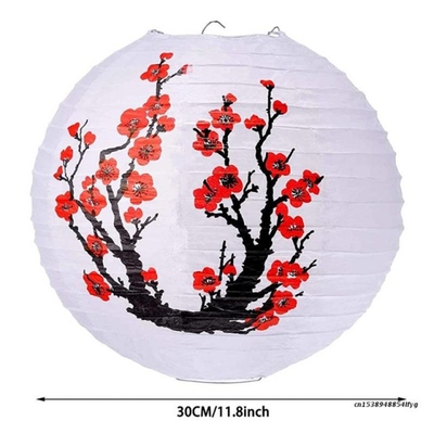 Red Cherry Flowers Paper Lantern White Round Chinese Japanes