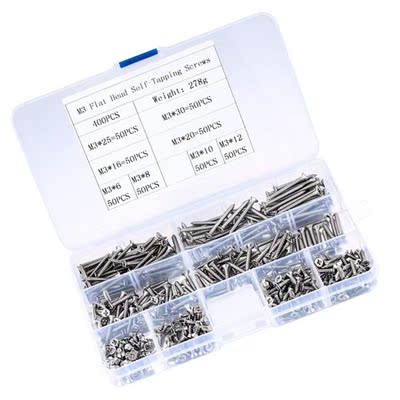 400PCS/Box M3 Cross Flat Head Self Tapping Screw Assortment