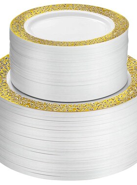 Gold Disposable Plastic Plates -Lace Design Wedding Party Pl