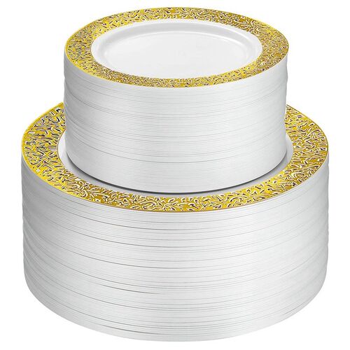 Gold Disposable Plastic Plates -Lace Design Wedding Party Pl