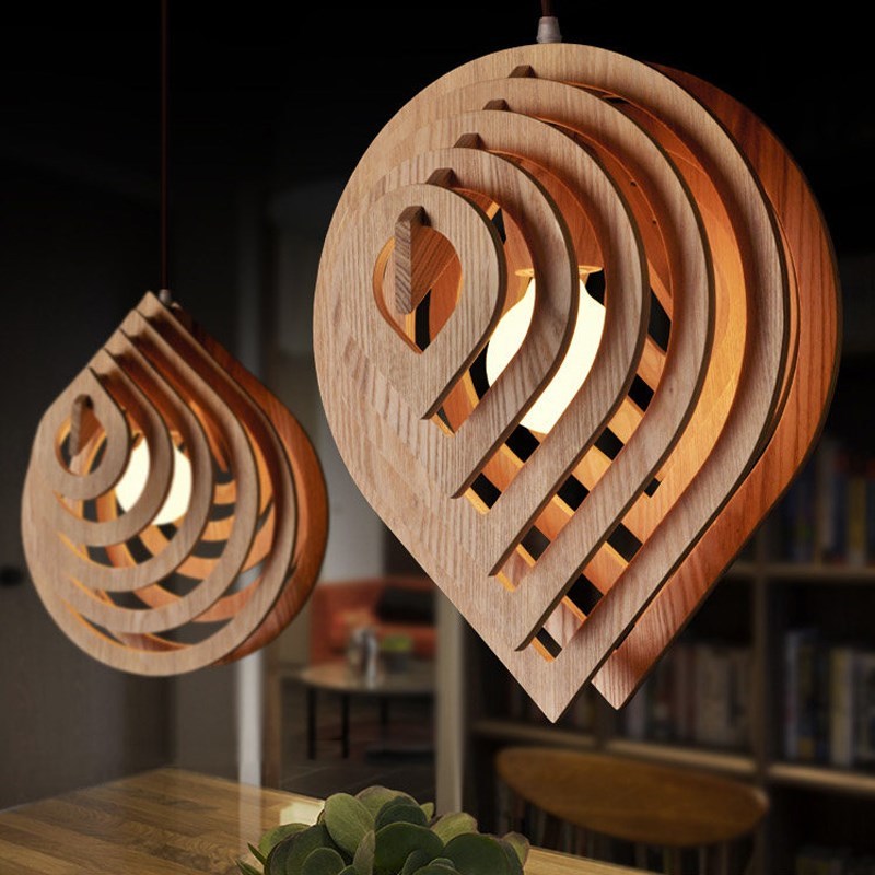 Modern Wood Pendant Light E27 Nordic Wooden Water Drop Penda