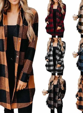 Women's lapel checked blouse in a long coat