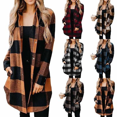 Women's lapel checked blouse in a long coat