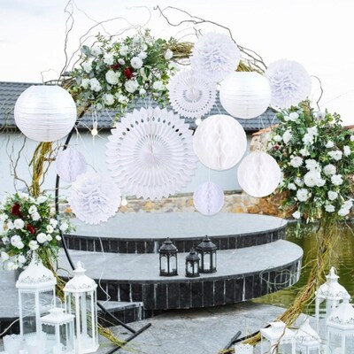 Elegant White Wedding Decoration Set 12pcs Paper Fans Lanter