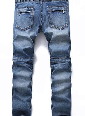 Men Casual Biker Denim Jeans Sretch Pants Solid Regular Fit