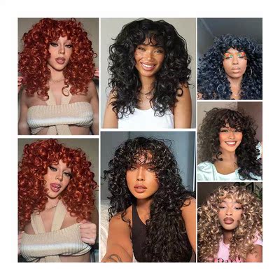 Black Curly Wig With Bangs Long Curly Afro Wigs for Women Sy