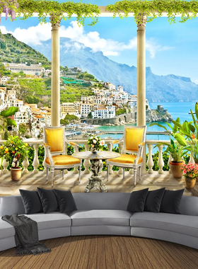 Custom Mural Papel De Parede 3D Roman Column Balcony Sea