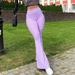 Sweetown Purple Ribbed  Joggers Women Knitted Flare Pants Sl