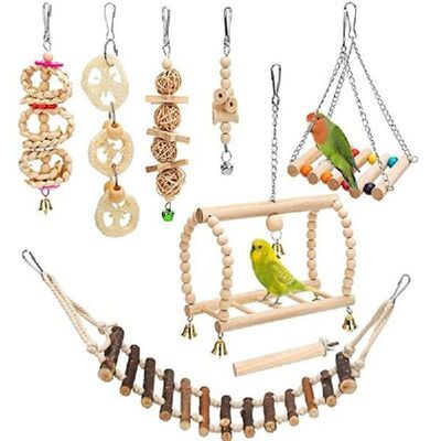 8 Pcs Set Bird Toys Wooden Chewing Parrot Toy Climbing