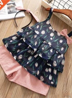 Humor Bear Summer Girls' Clothes Suit Layered Chiffo