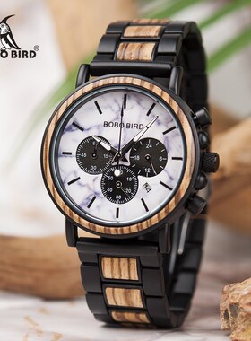 BOBO BIRD Marble Wooden Watch Men Stopwatch Wristwatch Male
