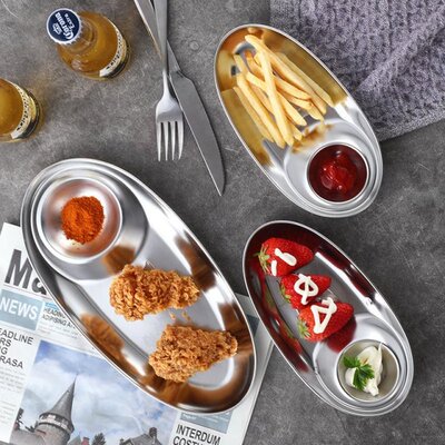 Stainless Steel Snack Plate Divided Grid Plate 2-in-1 Oval P