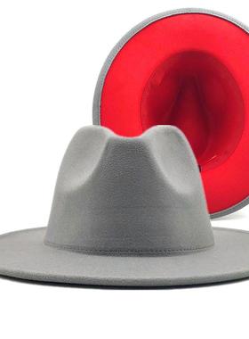 gray red Patchwork Wool Felt Jazz Fedora Hat Women Unisex Wi