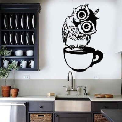 Funny Cartoon Owl Cup of Tea Coffee for Kitchen Stickers Hom
