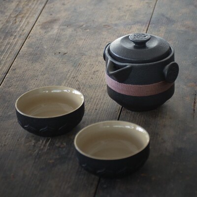 black crockery ceramic teapots with 2 cups a tea sets portab