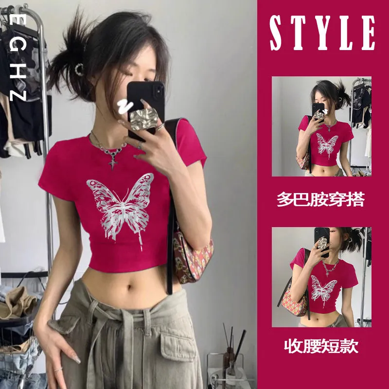 收腰女2025新款早春短款甜酷辣妹风短袖t恤【32支纯棉螺纹面料】