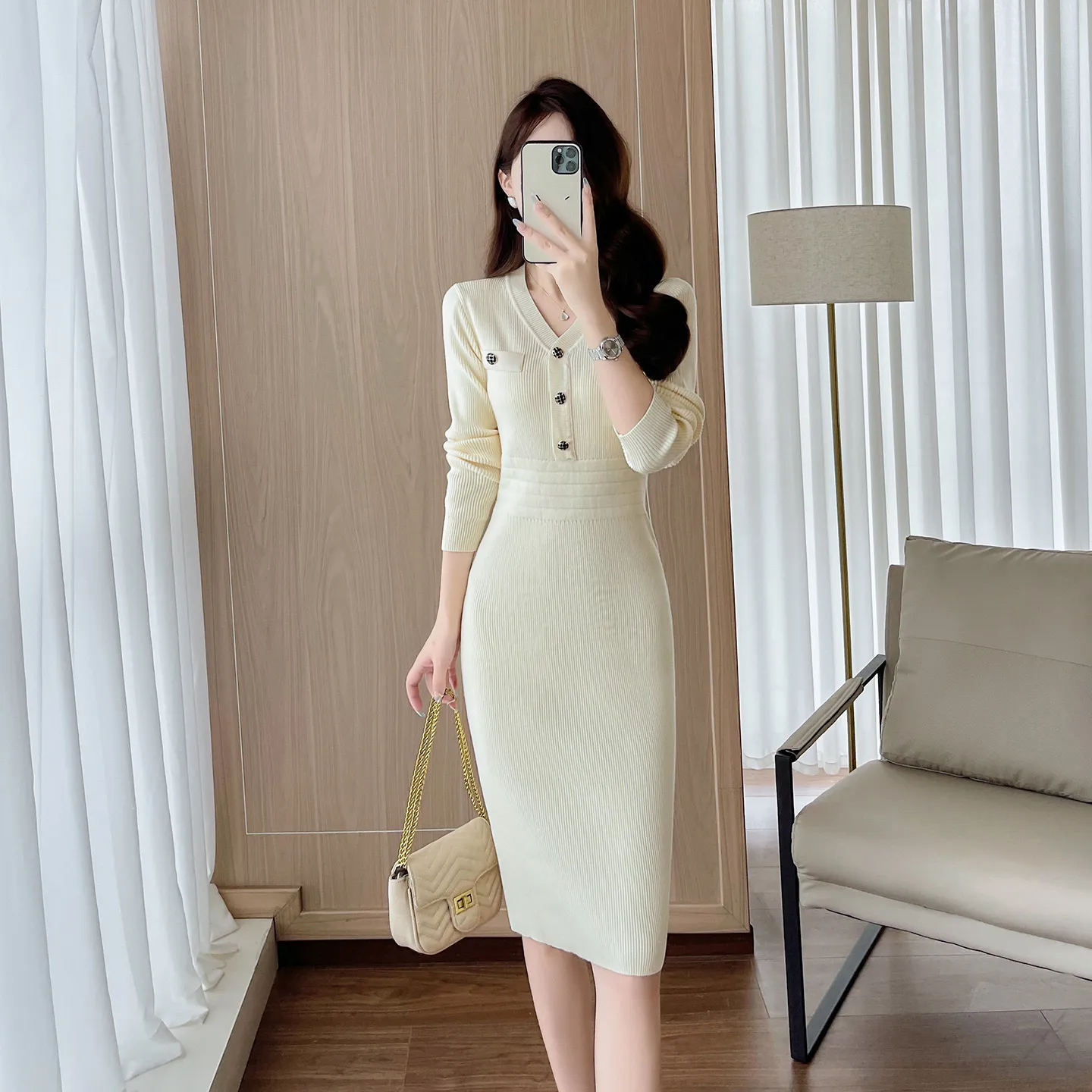 秋冬新款小香风过膝长款包臀针织连衣裙女杏色高级感内搭毛衣裙子,女装/女士精品,连衣裙,淘宝优惠券,粉丝福利购,淘宝优惠卷