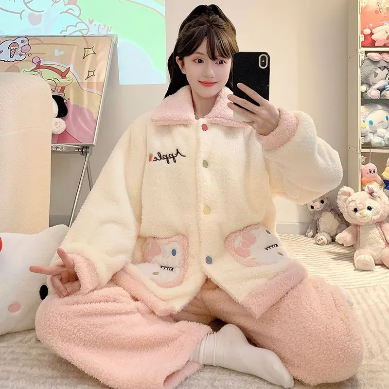 半边绒睡衣女秋冬季新款可爱公主风加绒加厚大码保暖家居服可外穿