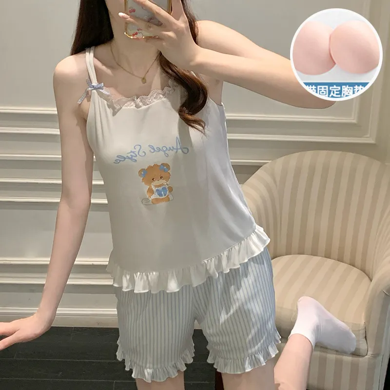 莫代尔睡衣女夏季新款带胸垫吊带