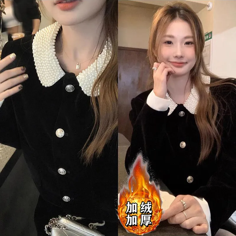 加绒加厚小香赫本风黑色连衣短裙套装女冬新款小个子穿搭配一整套